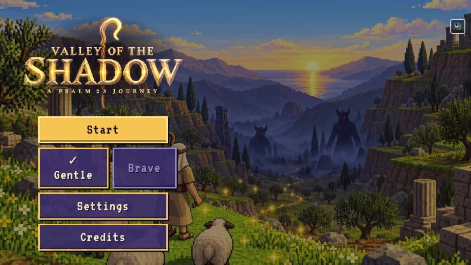 The title screen of Valley of the Shadow, A Psalm 23 Journey: a shepherd and his sheep look out over a misty valley at sunset.