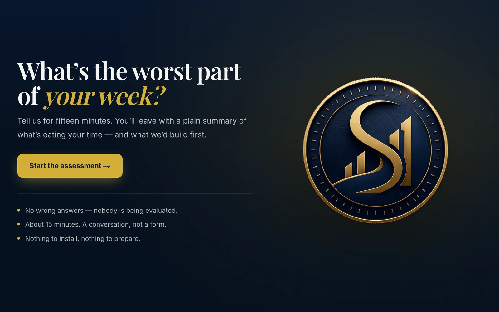 The Mission Operating Assessment's live home page: "What's the worst part of your week?" with a Start the assessment button.