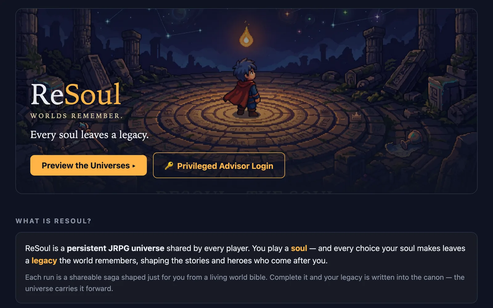 ReSoul's live home page: a pixel-art hero in a red cape stands in a ruined stone circle under the stars, beside the line "Every soul leaves a legacy."