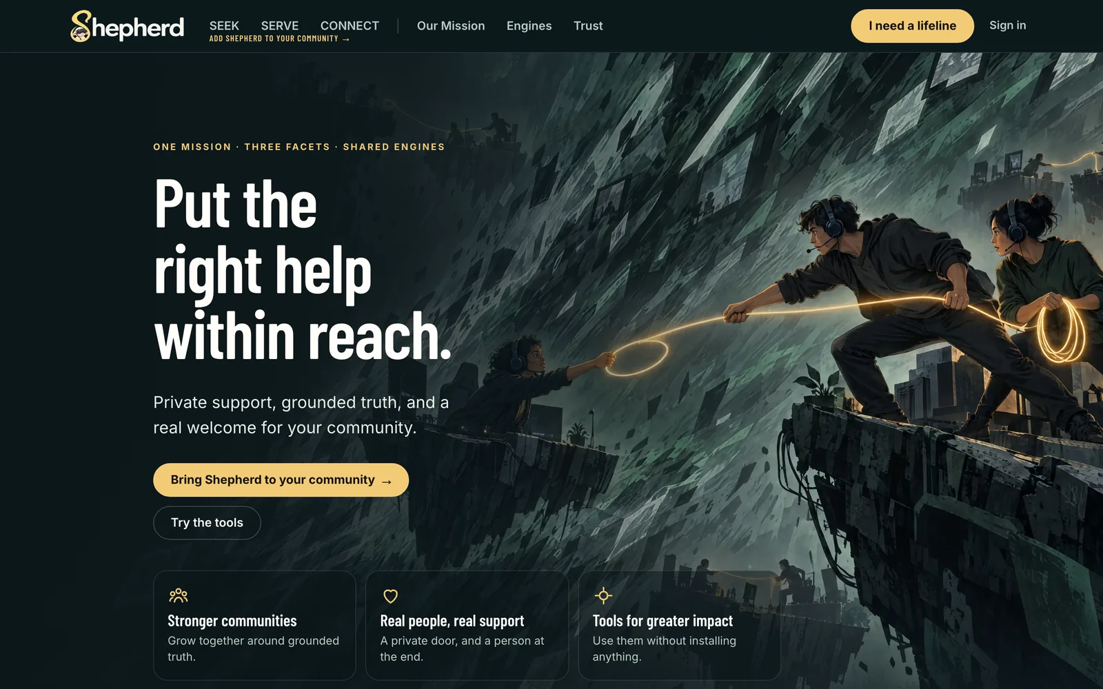 Shepherd's live home page: "Put the right help within reach." beside an illustration of one person pulling another up a cliff with a glowing rope.