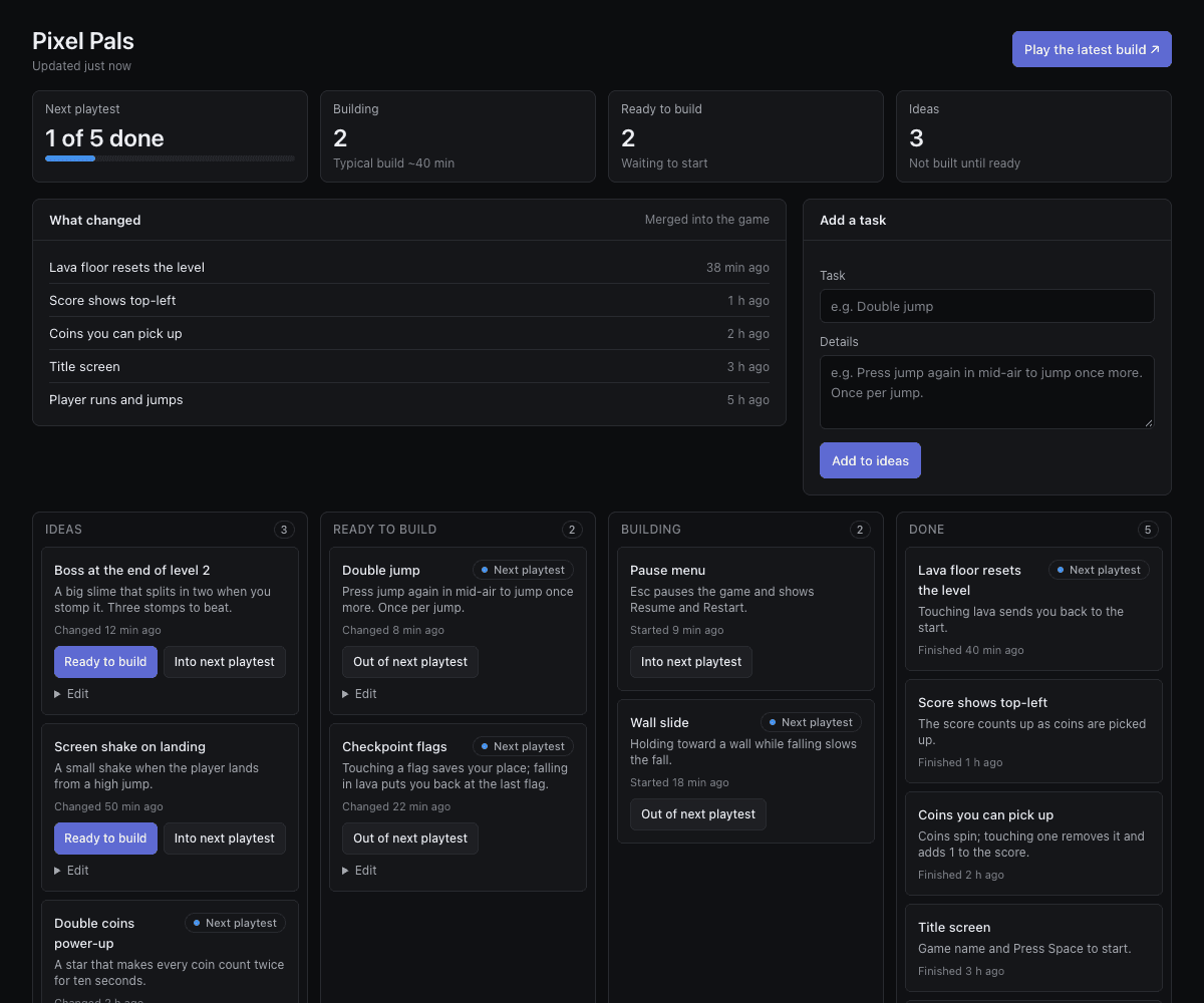 A team's delivery board in Fewforge: progress toward the next playtest, the changes merged into the game, a form to add a task, and columns for ideas, ready to build, building and done.