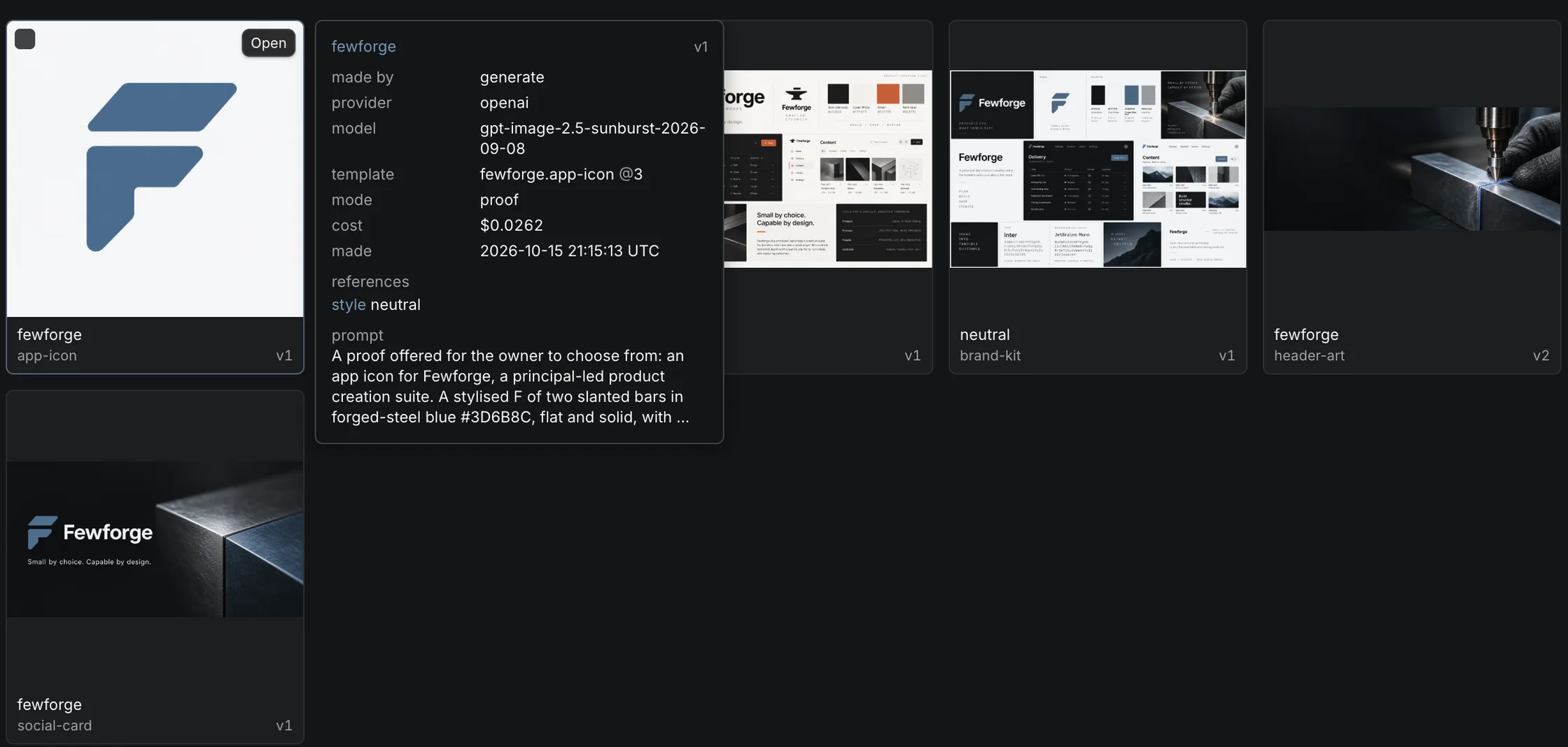 Content's gallery of Fewforge's own brand: the app icon, social card, header art and brand-kit proofs as tiles, with the app icon's record open beside them: made by generate, its provider and model, template, mode proof, cost $0.0262, the date it was made, its style reference and the start of its prompt.