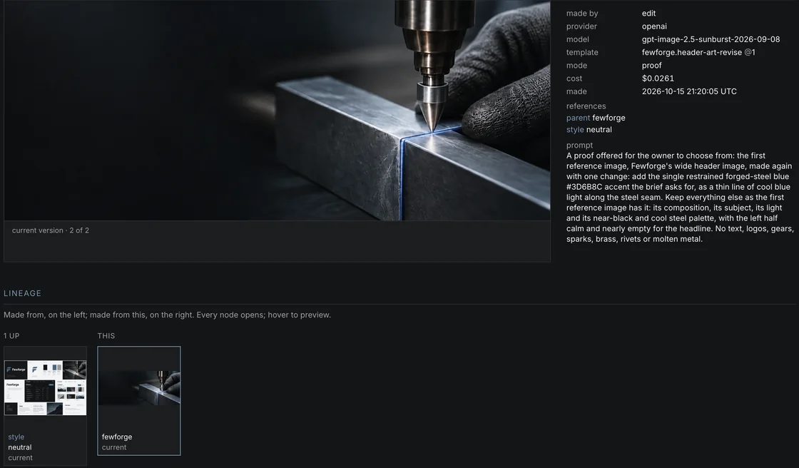 One asset in Content: Fewforge's header art, a gloved hand guiding a point along a steel seam lit by a thin blue line. Beside it, its record: made by edit, provider, model, template, cost $0.0261, date, its parent and style references and the full prompt. Below, its lineage: the brand-kit proof it was made from.